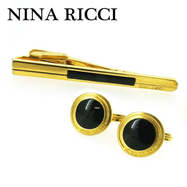 ニナリッチ カフス タイピン カフリンクス ネクタイピン メンズ ロゴ入り 2アイテムセット ゴールド ブラック ゴールドメッキ NINA RICCI T20205