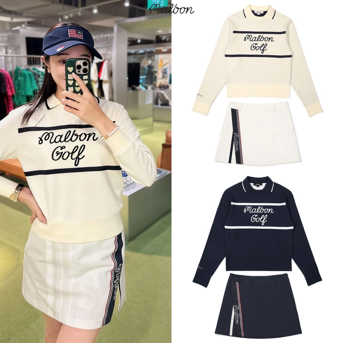 セット マルボンゴルフ MALBON GOLF スクリプト KARA カラ ポイント ニット Aライン サイド スリット スカート