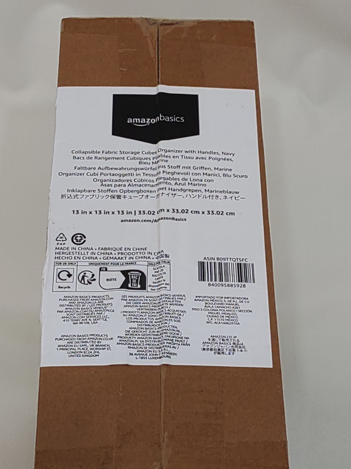 Amazonベーシック 収納ボックス 折りたたみ式 持ち手付 布製 ネイビー 33×33×33cm