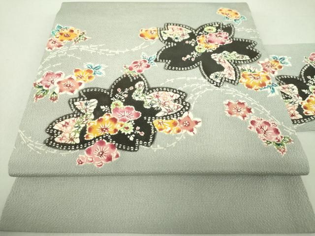 平和屋着物●九寸名古屋帯 型染 舞桜 鬼しぼ縮緬 正絹 DAAS3540ps