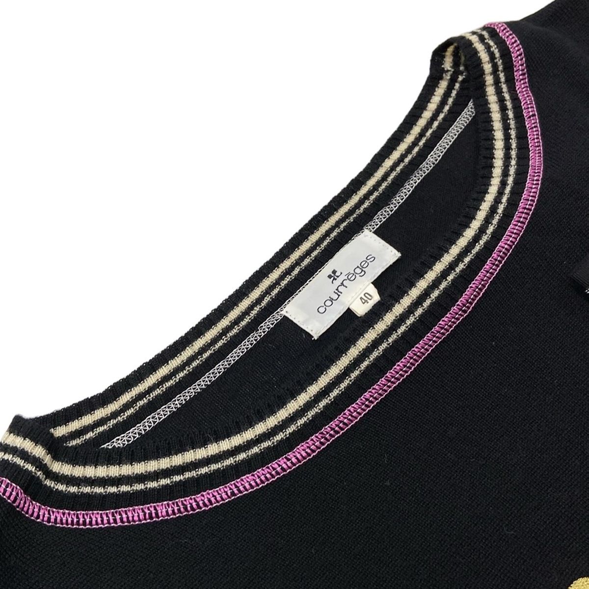 COURREGES クレージュ 長袖セーター サイズ40 M レディース - 黒×白×マルチ クルーネック|スパンコール|刺繍