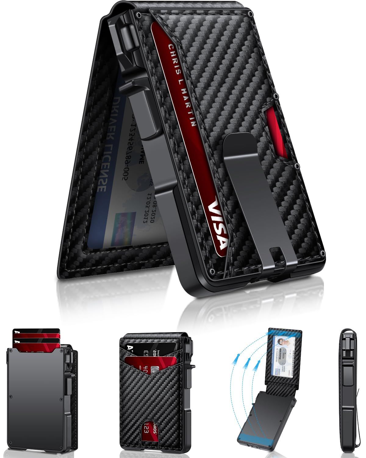 メンズ財布、メンズミニマリストウォレット9-13カード、マネークリップ&IDウィンドウ付きスリムコンパクトウォレット、RFIDブロックスマートポップアップカードウォレット、メタルアルミニウムクレジットカードホルダーレザー二つ折り財布, 炭素繊維, [炭素繊維]