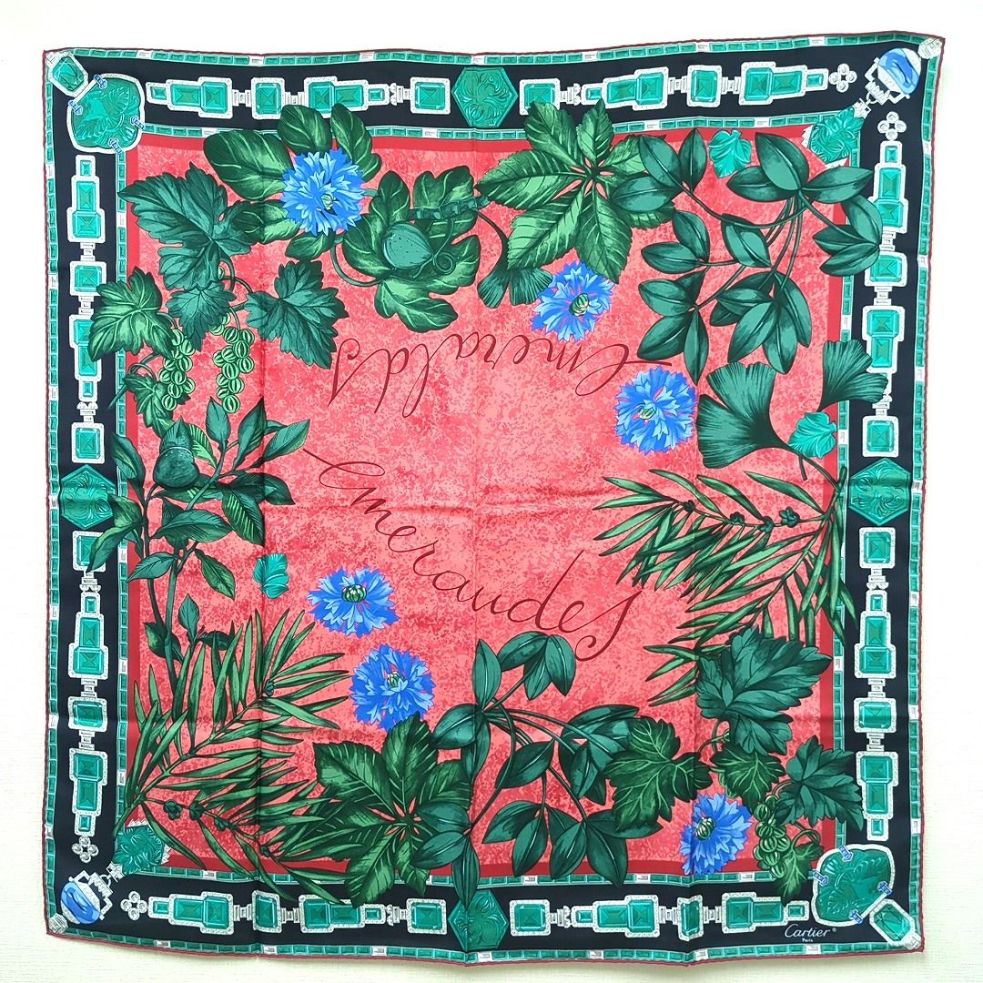 カルティエ 100% シルクスカーフ グリーン ブルー オレンジ ブラック  