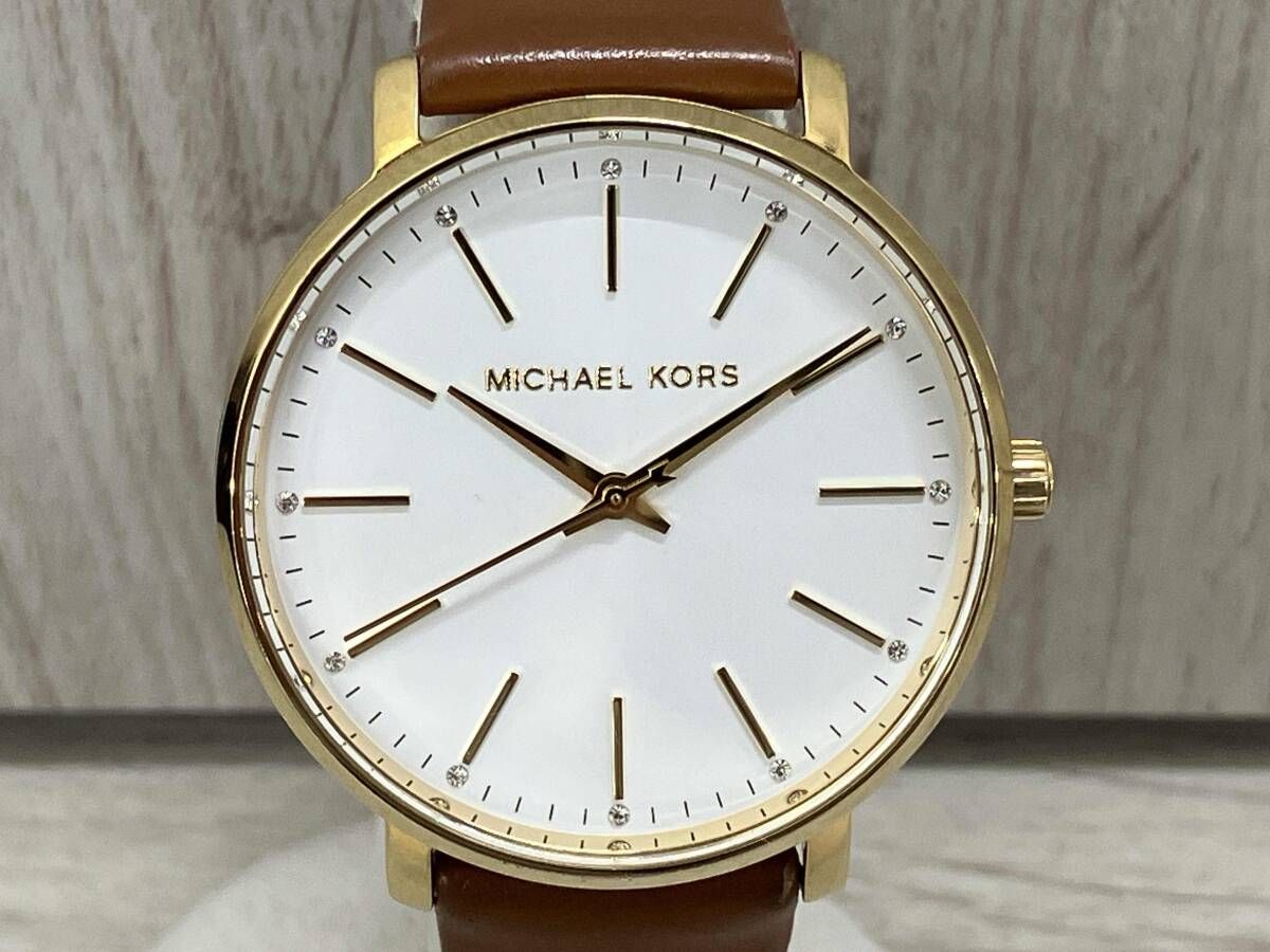 MICHAELKORS MK-2740 クォーツ 白文字盤 マイケルコース ブラウン 革ベルト 3針 MK 腕時計 ホワイト ゴールド 箱有