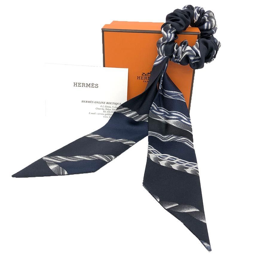 HERMES エルメス シュシュ ベッラ Bella ROBE DU SOIR ローブ デュ ソワール ヘアアクセサリー ツイリー ネイビー ♥ aq12094