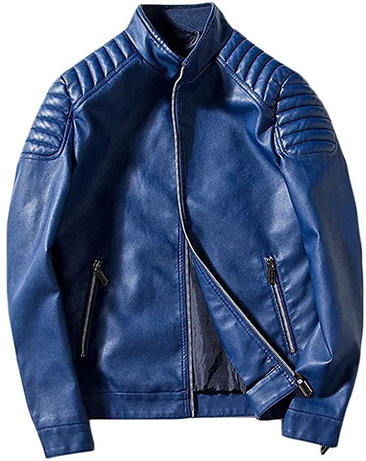 ｉ－ｓｅｌｅｃｔ アイセレクトi-select 肩 ステッチ 入り PU レザー ライダース ジャケット 革ジャン 本革調( ブルー，  M)