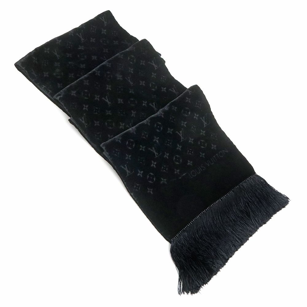 ルイ・ヴィトン 黒 ニットマフラー フリンジ付き ルイ・ヴィトン 黒