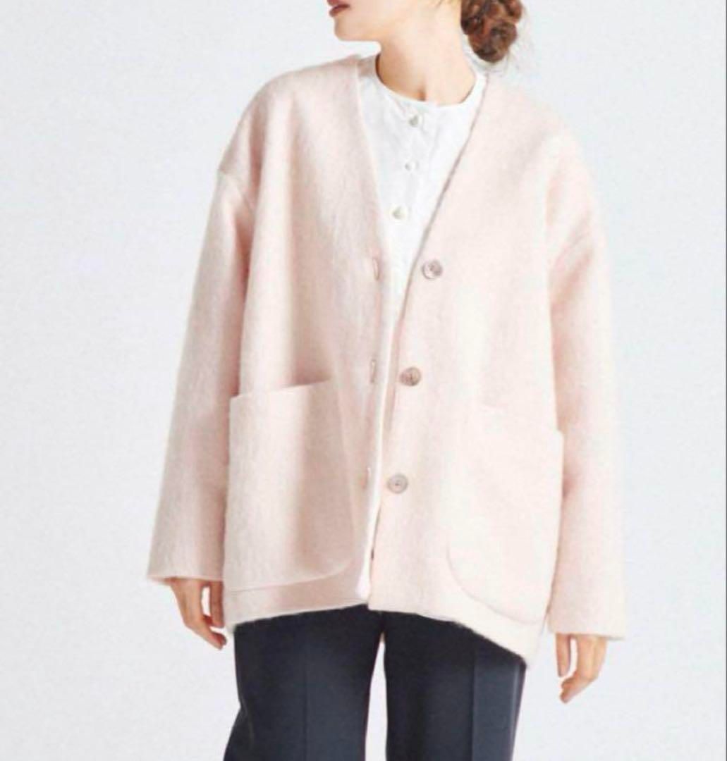 yori ヨリ ウールシャギージャケット カーディガン ノーカラー ピンク