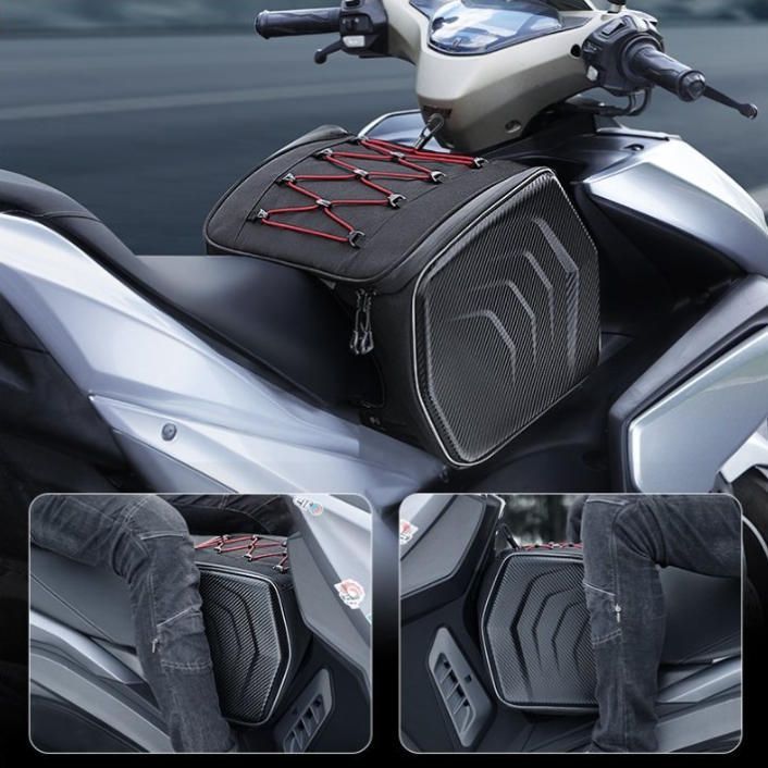 前席後席両用バイクでキャリーバッグに乗る