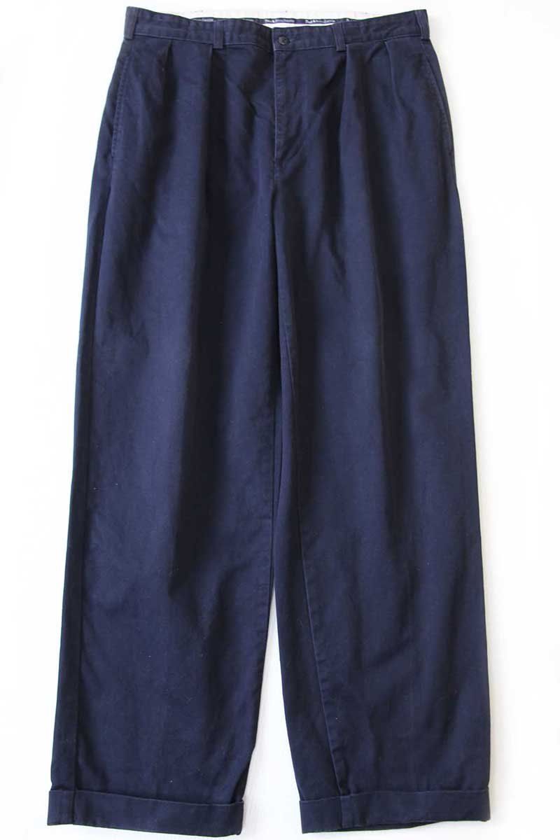 90 s メキシコ製 ポロ ラルフローレン ANDREW PANT ツータック コットン チノパン 紺 W 35 313 トラウザーズ スラックス