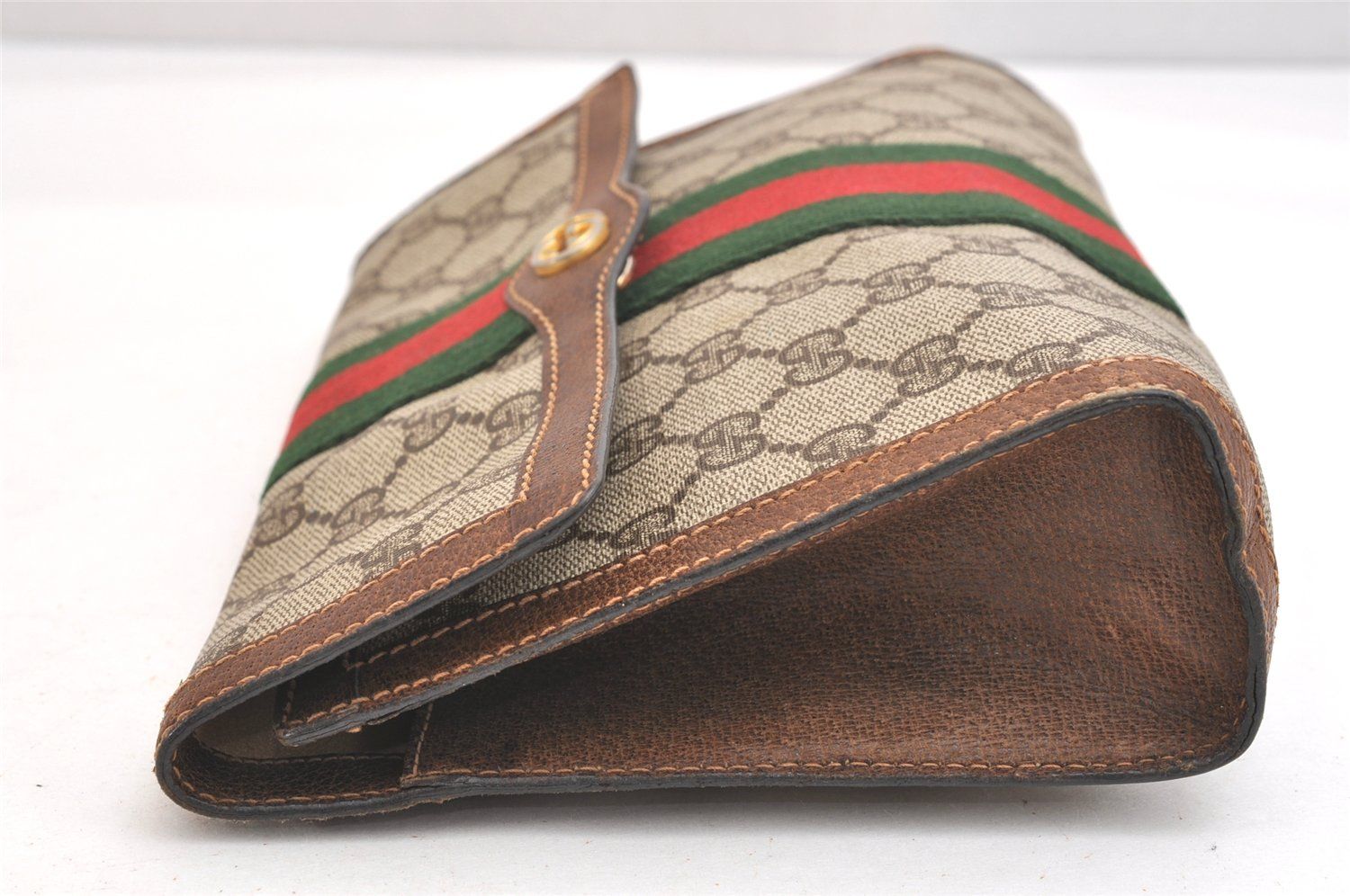 GUCCI グッチ ウェブ シェリーライン クラッチハンドバッグ 財布 GGピーブイシー レザー ブラウン 2434N DECORATOM_COM_BR