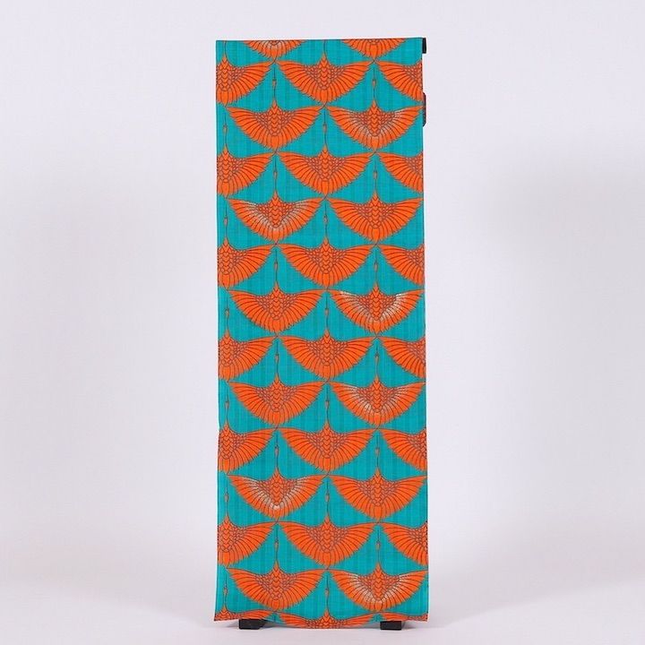新品 反物 浴衣 変わり織 飛翔 鶴 トロピカル オレンジ ターコイズブルー 日本製 /178