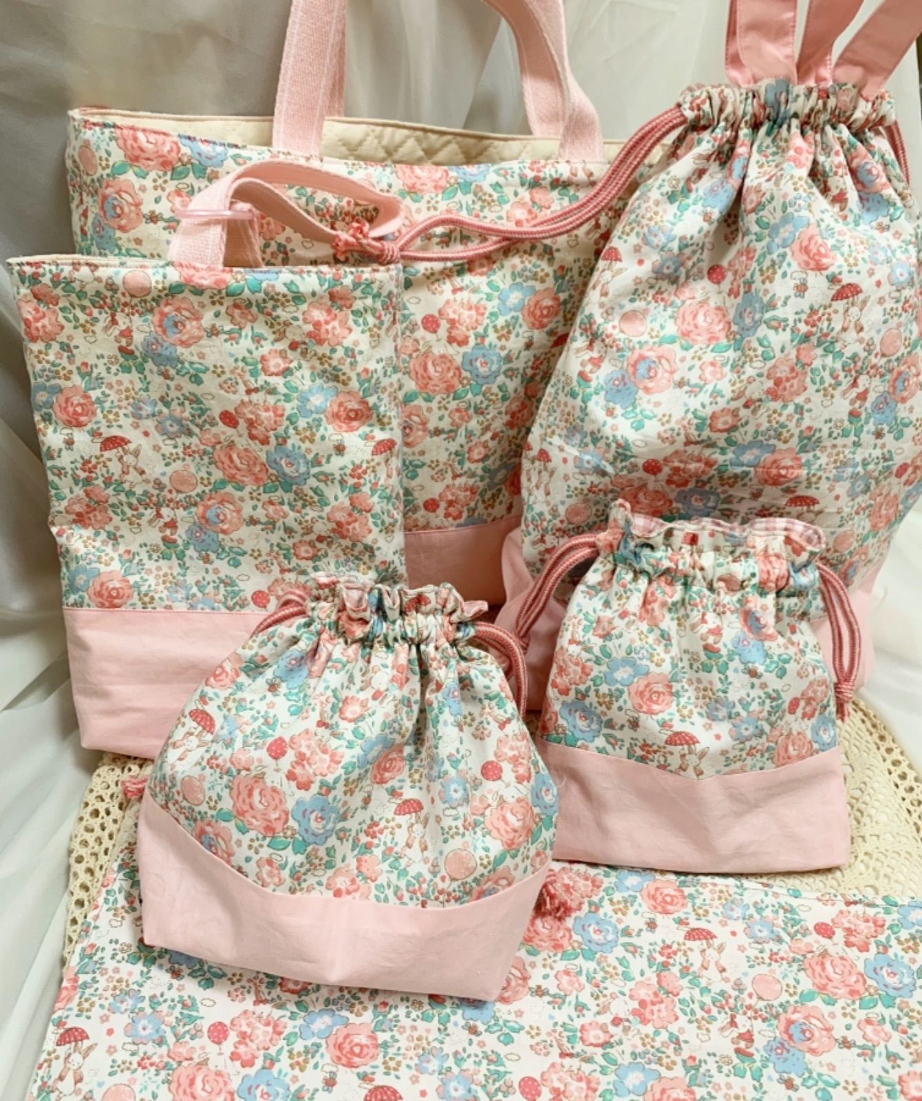 6点セット】女の子通園グッズ 入園入学準備 ウサギとお花 入園セット