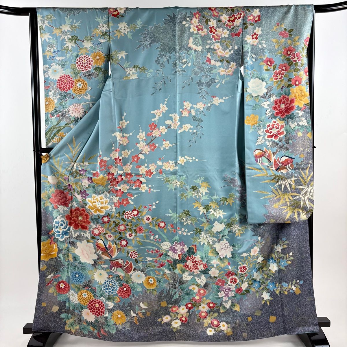 振袖 身丈164.5cm 裄丈64.5cm M 袷 鴛鴦 牡丹 刺繍 金糸 水色 正絹