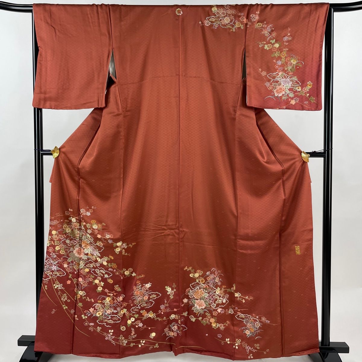 訪問着 身丈164cm 裄丈66.5cm M 袷 草花 雲文 刺繍 金銀糸 赤茶 正絹 名品 一つ紋