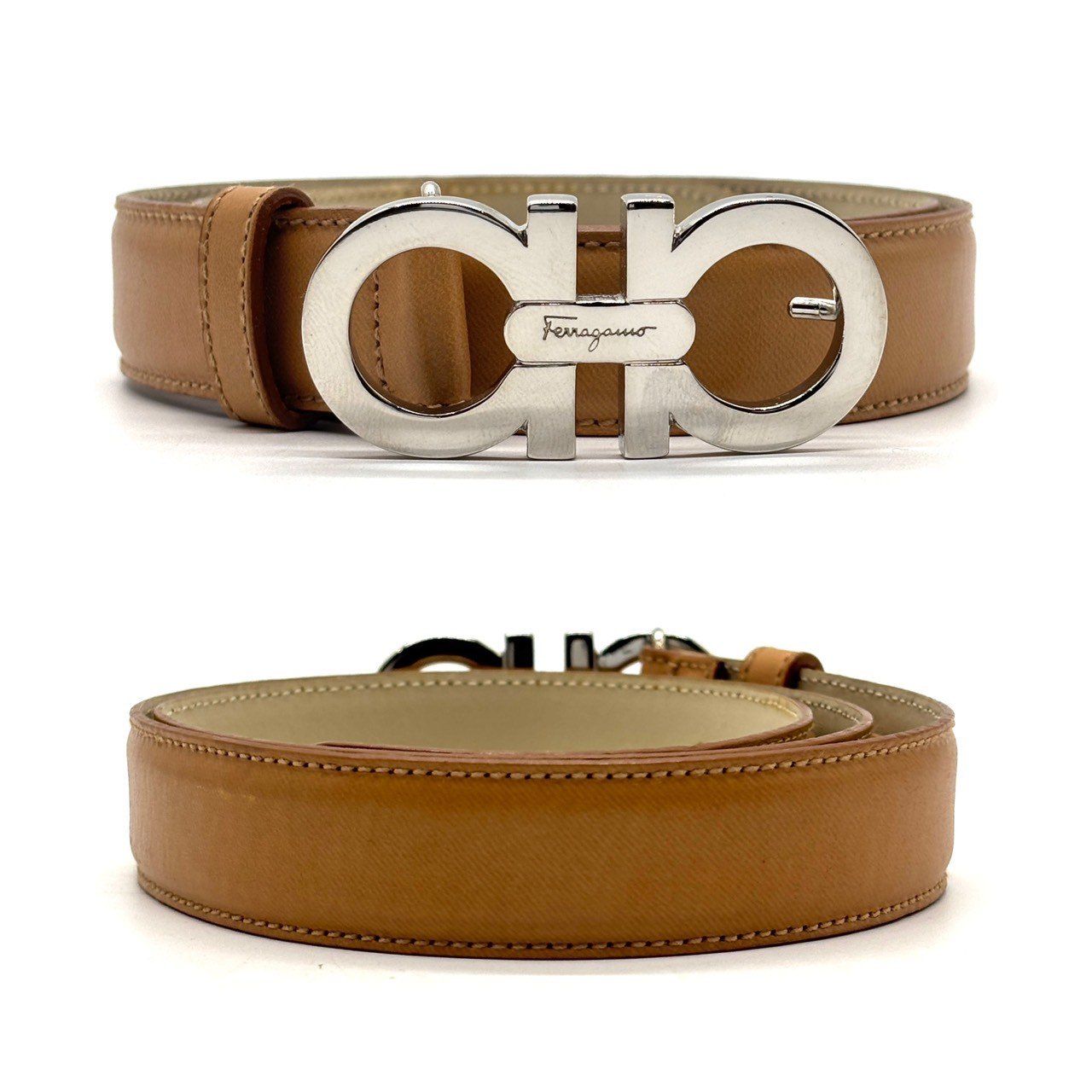 美品 サルバトーレフェラガモ ダブルガンチーニ シルバーバックル ベルト Salvatore Ferragamo - 新品ベルト 美品 フェラガモ ベルト