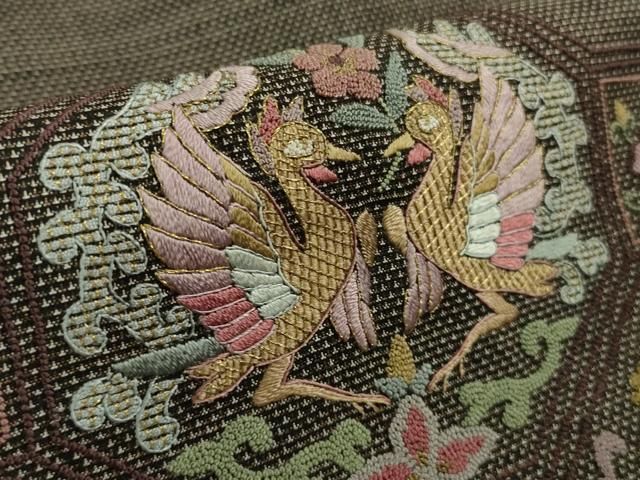 平和屋本店■極上　都喜ヱ門　本場大島紬　訪問着　スワトウ刺繍 相良刺繍 9マルキ 双鳥正倉院花文 金糸　藤絹織物謹製　逸品　DZAA9183kh5 平和屋本店□極上 都喜ヱ門 本場大島紬 訪問着 スワトウ刺繍 相良