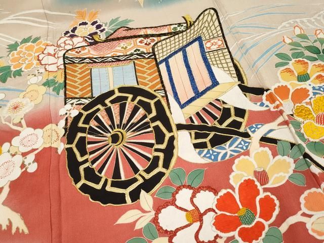 平和屋本店□極上 アンティーク 大正ロマン 振袖 駒刺繍 御所車立波枝