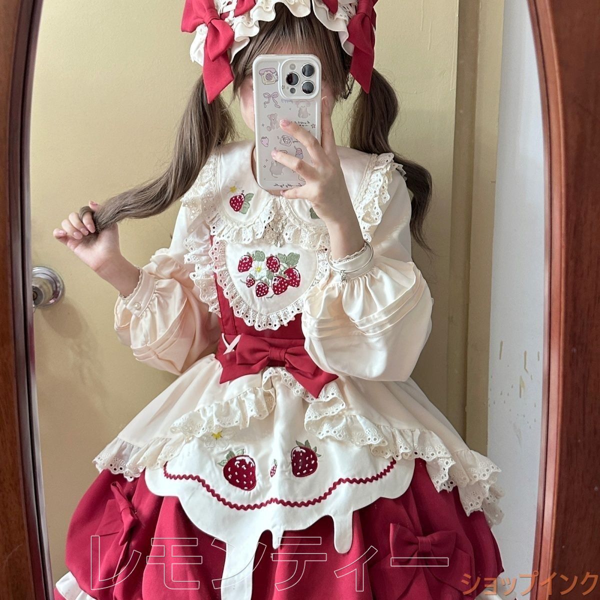 苺柄 ロリータワンピース JSK 甘ロリデザイン リボン付き フリル装飾 ピンクドレス 撮影 イベント用 S～XLサイズ