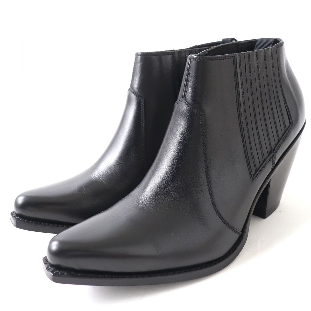 美品△CELINE セリーヌ サイドゴア ポインテッドトゥ レザー ブーティ 