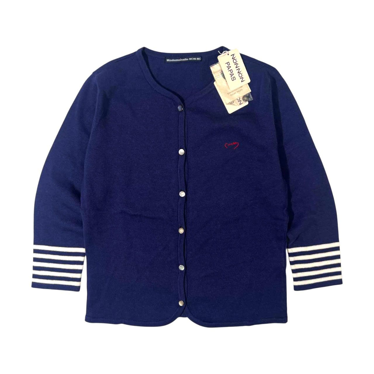 タグ付き美品　マドモアゼルノンノンボーダーカーディガン　ブラック×グレーMサイズ Mademoiselle NON NON タグ付き 部分ボーダー 綿&リネン 七分袖