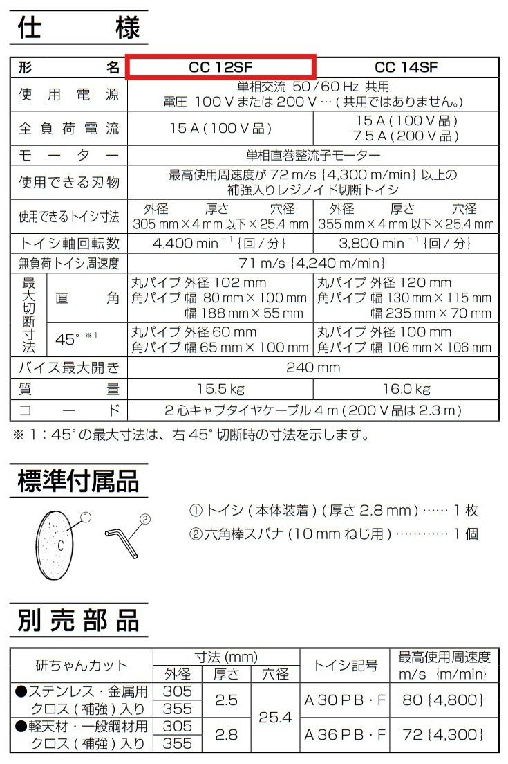 HiKOKI ハイコーキ 高速切断機 AC 100 V 1450 W 丸パイプ切断最大 102 mm CC 12 SF 日立 切断工具 高速カッター