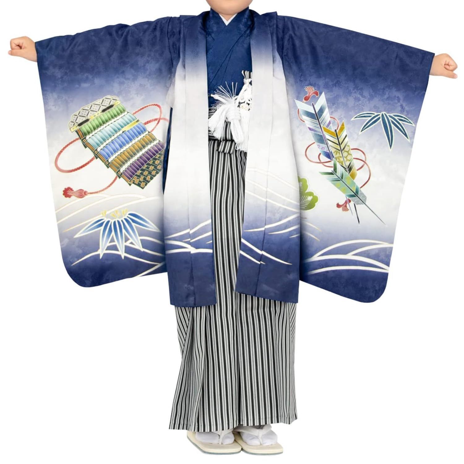 KYOETSU キョウエツ 七五三 男の子 5歳 着物 袴 セット 絵羽 8-紺-兜 袴 黒縞