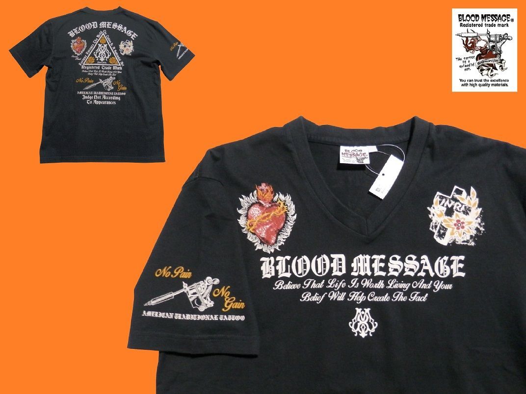ブラッドメッセージ／BLOOD MESSAGE／Lサイズ／半袖Ｔシャツ／BLST-1030／ブラック／新品／送料無料／エフ商会／Ｖネック／バイカー