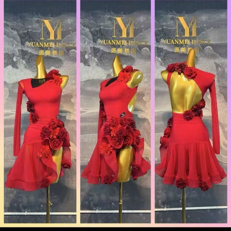 社交ダンス衣装 赤いバラ柄 ラテンダンスドレス 重厚加工 大きなスカート 受験 パフォーマンス用 練習着 舞台衣装