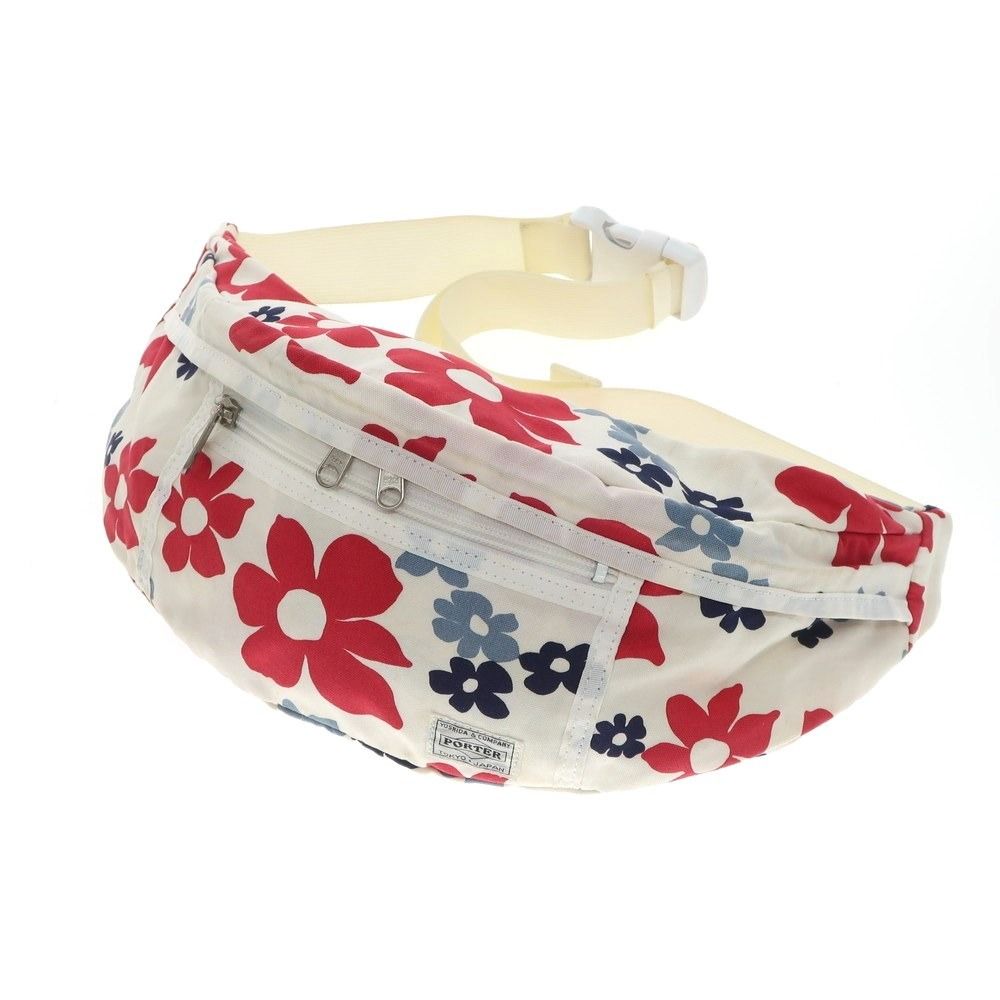 【中古】エッセンシャルデザインズ ESSENTIAL DESIGNS × PORTER フラワー柄 キャンバス ウエストバッグ ホワイトxレッド【W46xH14xD6】【メンズ】