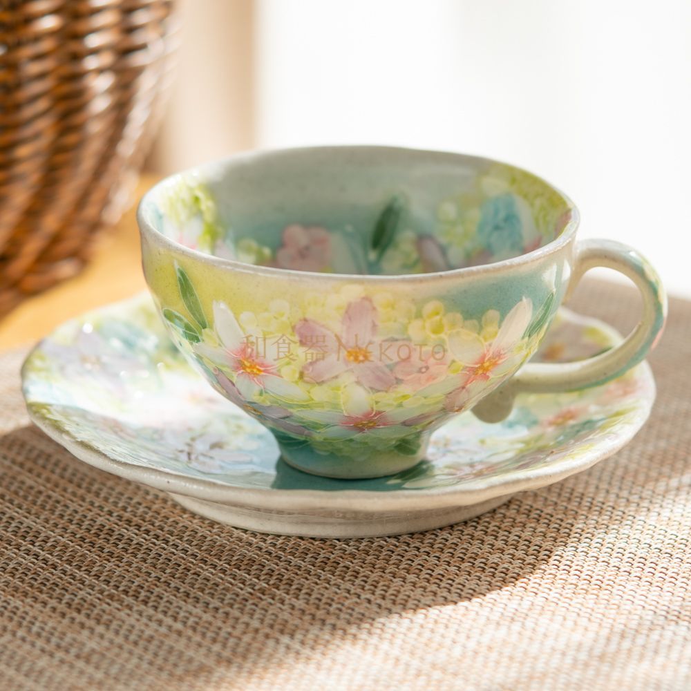 新品ゆずりは工房＊薄紅花景色コーヒー＊碗皿カップ ソーサ