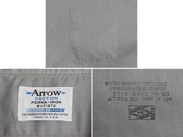 70s USA製 ARROW 半袖シャツ ドレス 無地 薄手 ポケット付き L程