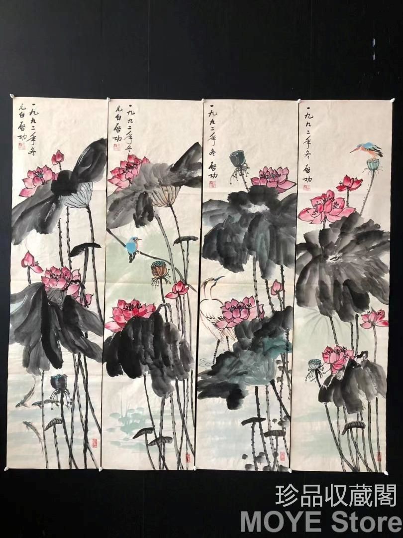 純手描き四連花鳥蓮画芯