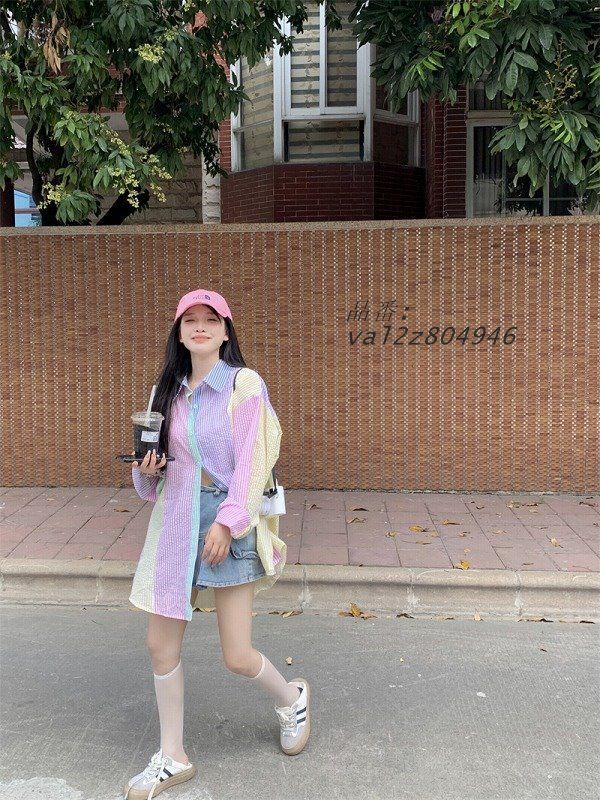 ストライプ シャツ 長袖 レディース 韓国 ストリート 原宿系 カラフル コーデ K-POP HIPHOP 衣装 マルチファッション Y2K ダンス ストライプ シャツ 長袖 レディース 韓国 ストリート マルチ