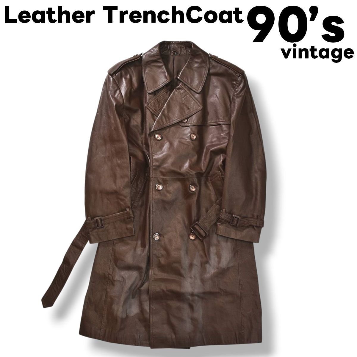 本革 90s ヴィンテージ unknown 牛革 レザー トレンチ コート 総裏地 センターベント ダブルブレスト 革ジャン 無地 M ブラウン レトロ カジュアル ウェア メンズ
