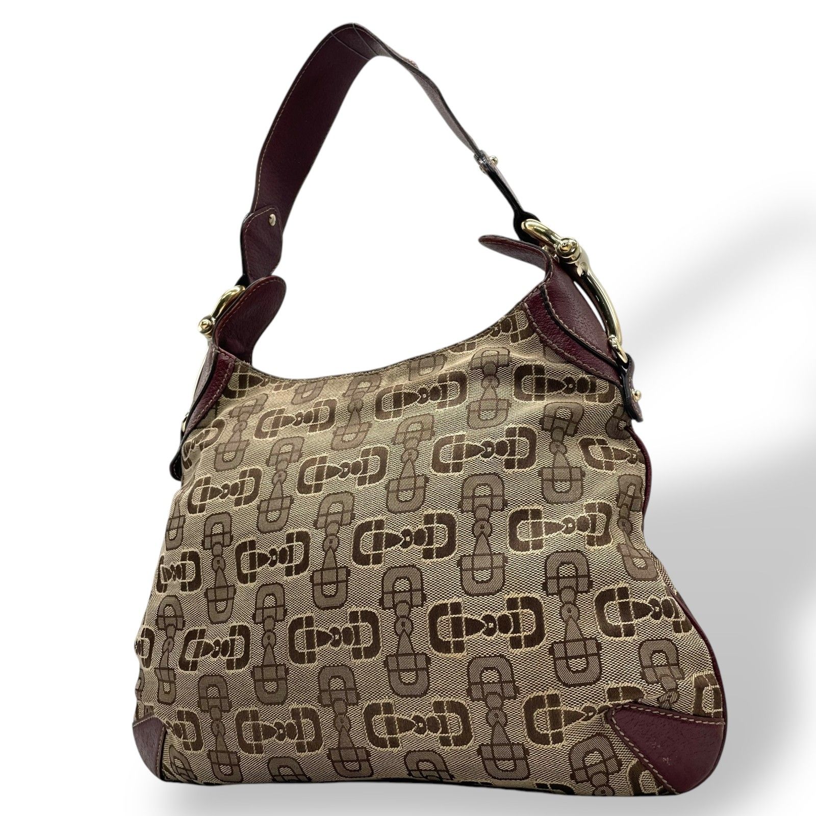 【美品】グッチ ワンショルダーバッグ レザー×キャンバス ホースビット柄 美品】グッチ ワンショルダーバッグ レザー×キャンバス ホースビット柄