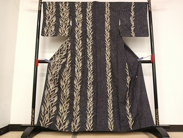 平和屋着物○江戸友禅 小倉貞右 訪問着 紬地 手描き 枝葉文 金彩  