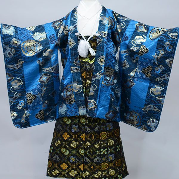 七五三 五歳 男児 羽織袴フルセット 着物 祝着 おりびと 青地×濃紺