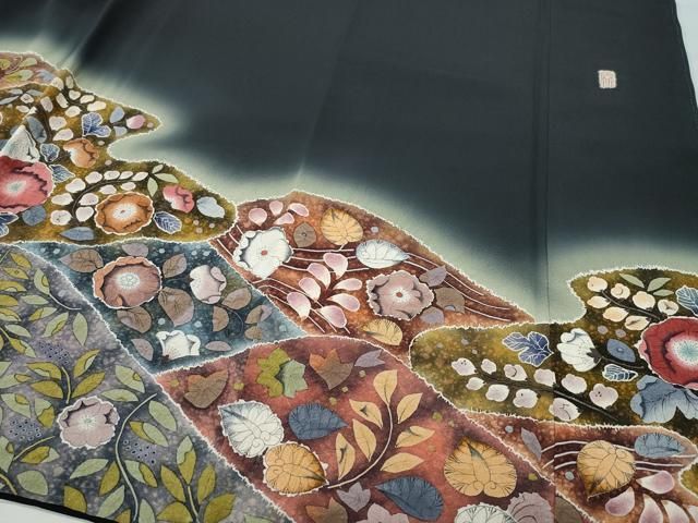 平和屋着物●越後十日町の一流染匠　桐屋・翠山工房　黒留袖　辻が花　正絹　逸品　CAAX0862vf 平和屋着物○越後十日町の一流染匠 桐屋・翠山工房 黒留袖 辻が花 正絹