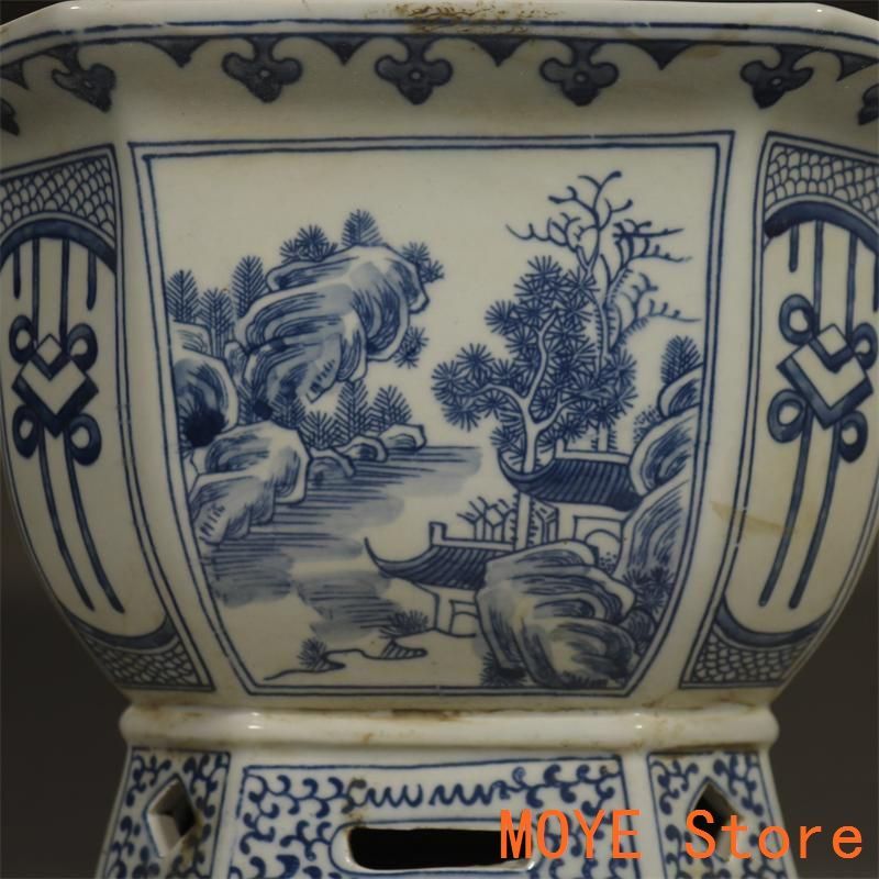 青花寿の山水紋高足四方鉢 陶磁器 工芸品 美術品 置物 - メルカリ