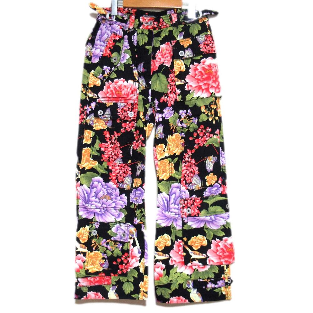 DOLCE-GABBANA ドルチェ-ガッバーナ フラワープリント ワイドカーゴパンツ サイズ38 ブラック レディース 古着