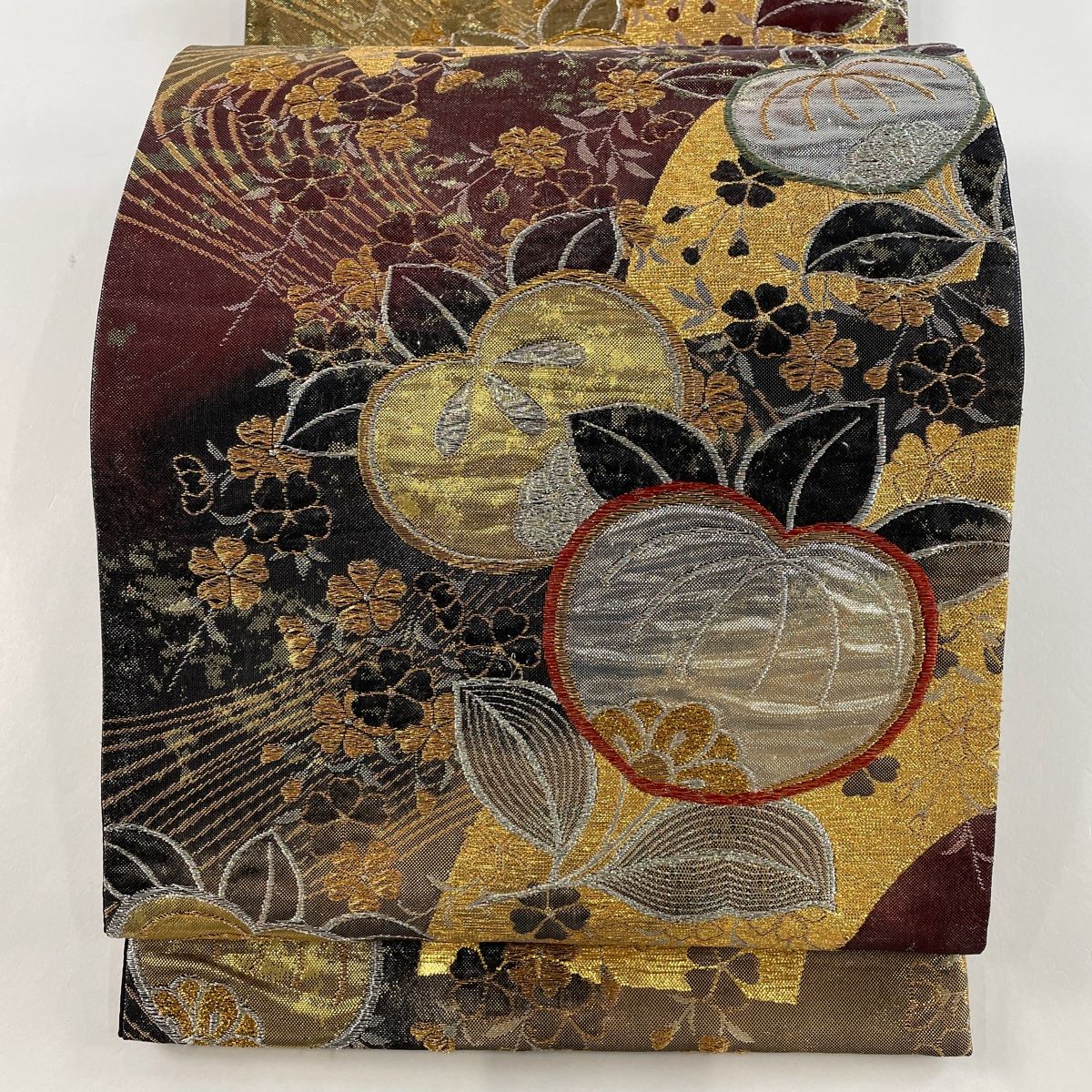 袋帯 美品 秀品 振袖向き 橘 桜 金銀糸 箔 墨色 六通 正絹 【中古 