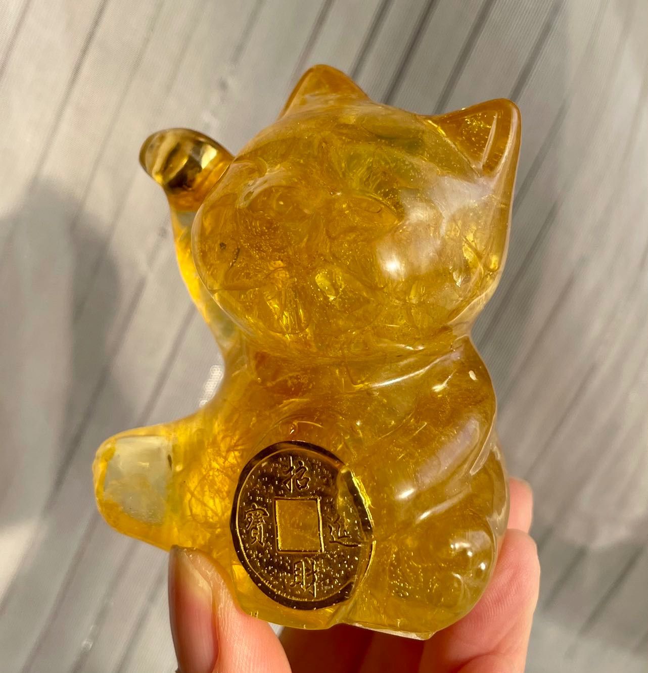 天然石 ファントム入りシトリンラフ原石入り 招き猫親子 オルゴナイト