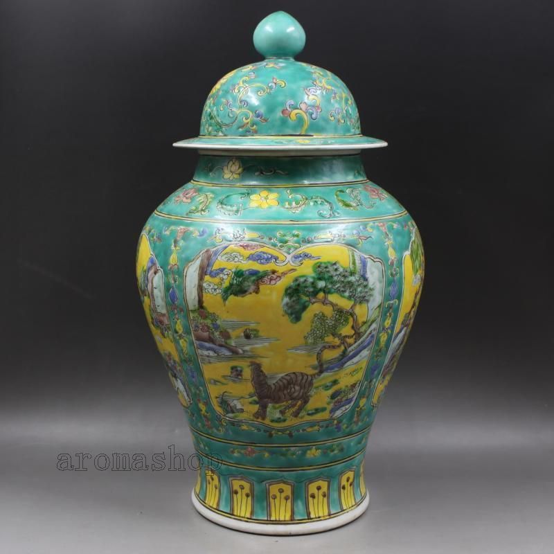 緑地パステル人物松鶴将軍缶 景徳鎮 陶磁器 装飾品 現代工芸品