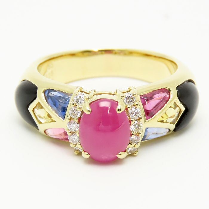K18 ルビー 1.65ct サファイヤ 1.25ct ブラックカルセドニー