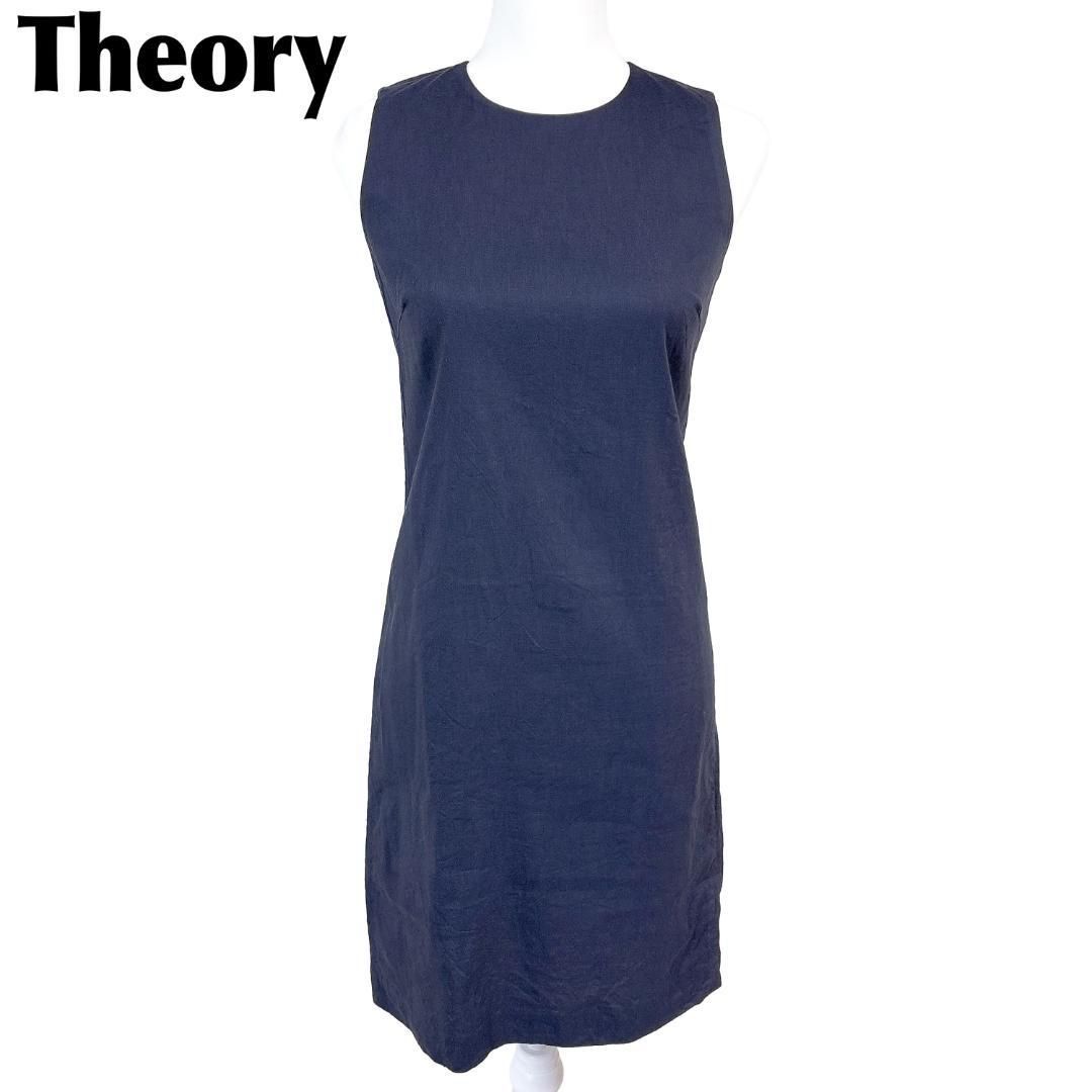 Theory ノースリーブワンピース 麻混 2 無地 ネイビー