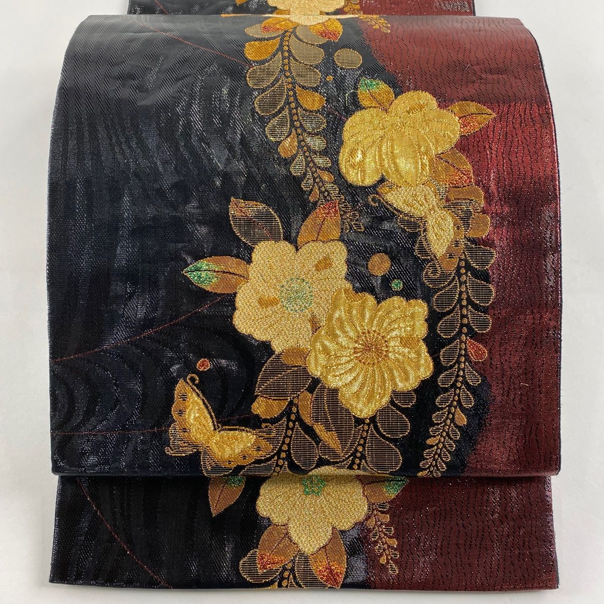 410my53◇水仙 蝶 花水木 タンポポ 金糸 六通 袋帯◇美品 410my53◇水仙 蝶 花水木 タンポポ 金糸 六通 袋帯◇美品