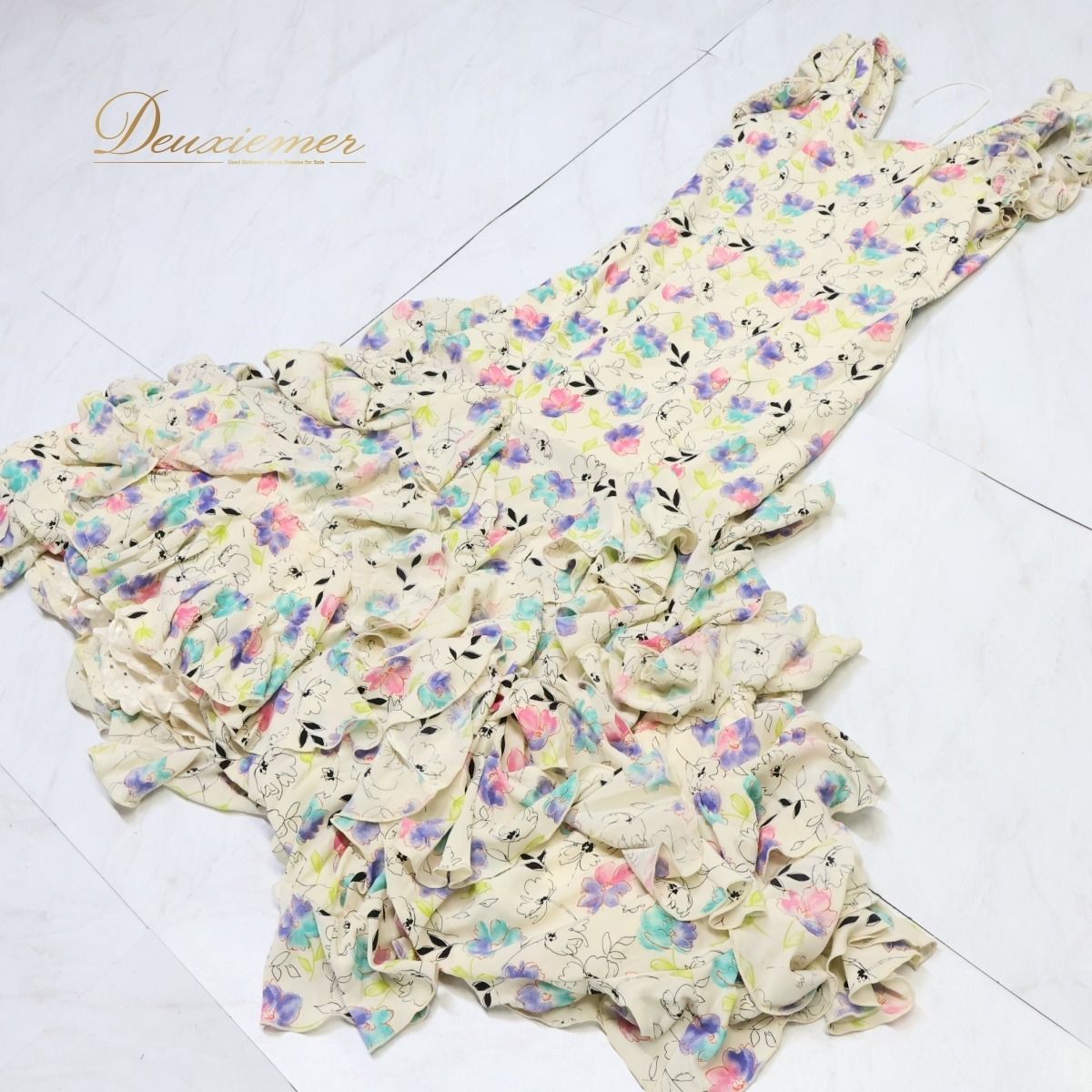 【美品 スペイン製 フラメンコ衣装】アイボリー RONEY ルーニー ワンピース ドレス 花柄 ボランテ フリル レース 水色 ピンク 美品 スペイン製 フラメンコ衣装】アイボリー RONEY ルーニー