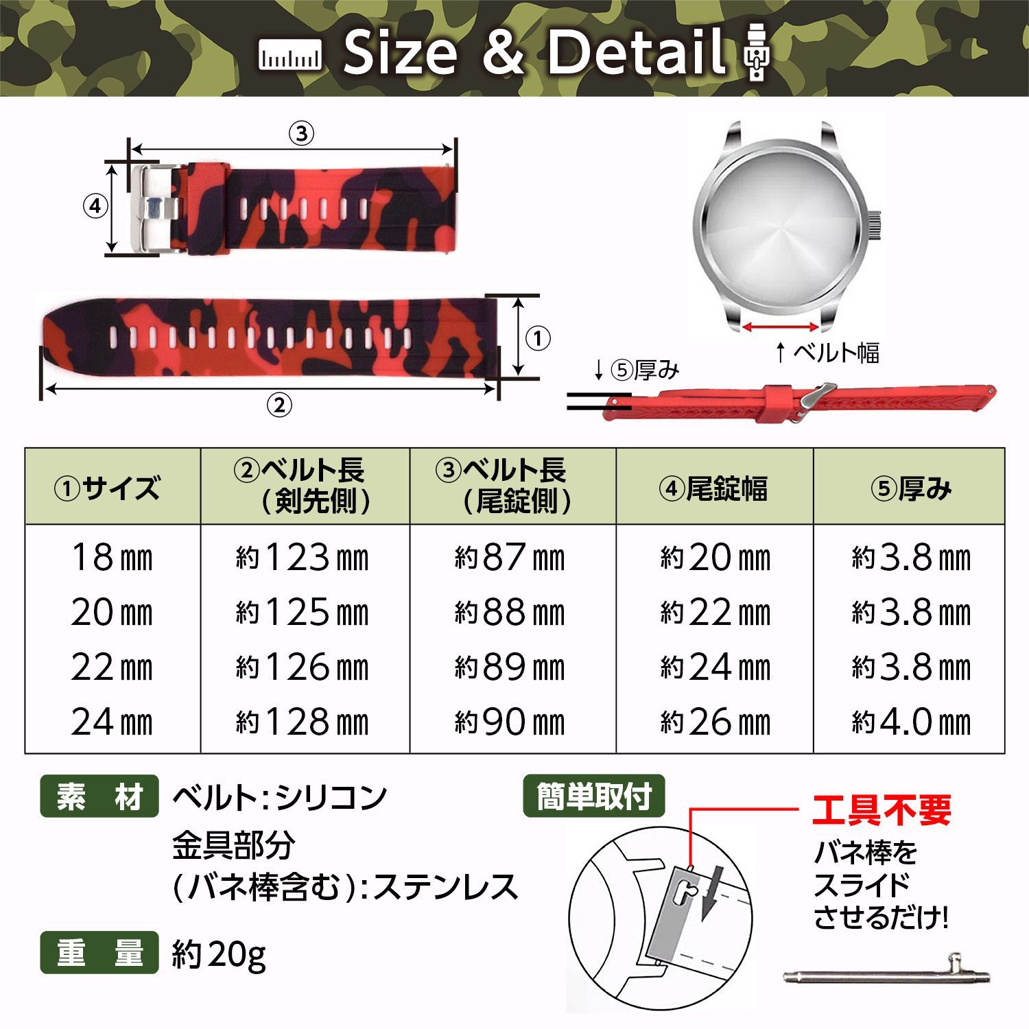 腕時計 ラバー ベルト バンド 迷彩柄 カモフラージュ柄 グレー