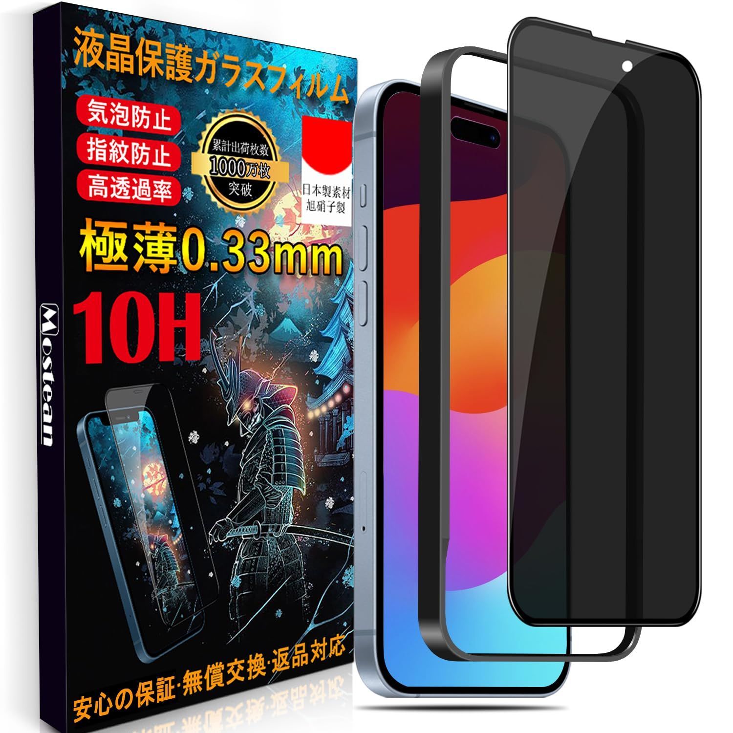 15用 ガラスフィルム覗き見防止 15用 フィルム のぞき見防止【秒で貼り付け/ガイド枠付き/指紋防止 ケースに干渉しない】日本旭硝子素材製 硬度10H 耐衝撃 強化保護フィルムのぞき見防止15用